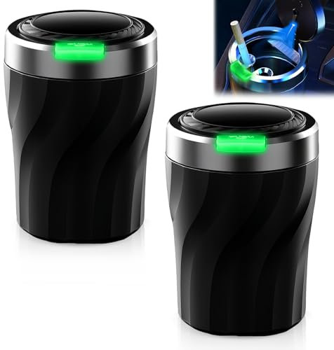 GOEDCH 2 Stück Auto Aschenbecher mit Deckel und Automatischem LED-Licht: Tragbarer Edelstahl Aschenbecher, Hochtemperaturbeständig​​ ​​Rauchfreien mit Leuchtender Öffnungsknopf​​ für Auto Van Büro