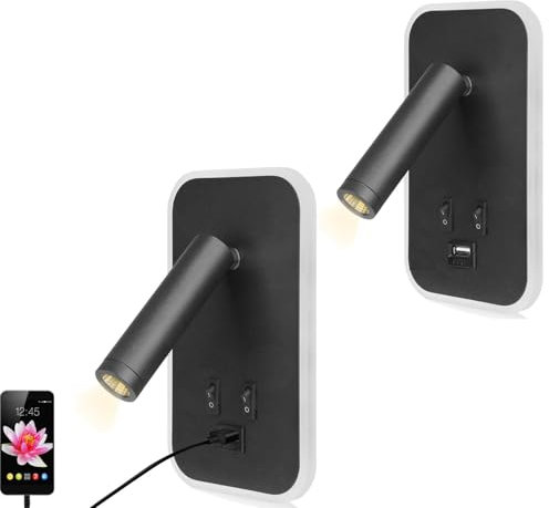 2 Piezas Lámpara de pared LED, Luz de Lectura Junto a la Cama con Interruptor y Puerto de Carga USB, Foco Giratorio Montado en la Pared de 3W + 9W 3000K, Apliques Interior para Hogar y Hotel (Negro)