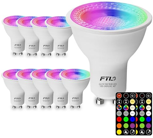 FTL GU10 LED Color Changing Light Bulb with Remote Control, RGB Dimmable Colored Light Bulbs 5W 40W Equivalent, 2700K-6000K， 30 Colors, Timer, Spotlight Bulb for Track Recessed Lighting 10-Pack