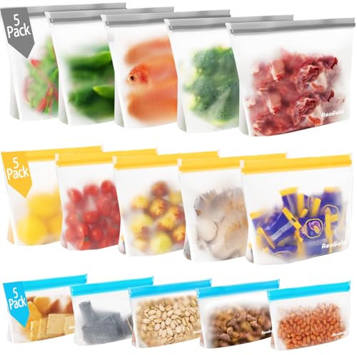 15 Pezzi Sacchetti Freezer Riutilizzabili, Sacchetti Alimenti Richiudibili, Sacchetti per Alimenti Senza BPA Sacchetti Sandwich Riutilizzabili, Sacchetti in Silicone per Frutta, Verdura, Carne