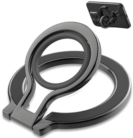 Magnetic Phone Ring Holder – Compatible with MagSafe, 360° Rotating Removable Grip with Soft Silicone Loop, Wireless Charging Friendly for iPhone 15 14 13 12 Pro/Max/Plus/Mini – Black