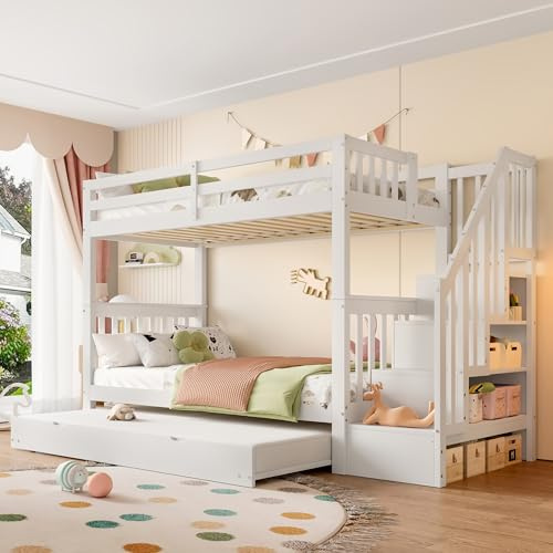 Etagenbett 90x200 cm mit Ausziehbares Rollbett Hochbett mit Treppenregal Treppenregal Familienbett für 3 Personen Platzsparend Gästebett Ohne Matratze Weiß