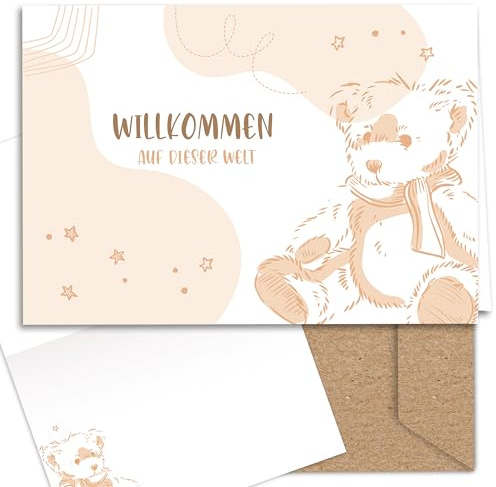 E&G Klasse Geburtskarte zur Geburt Klappkarte A6 mit Umschlag Babykarte Jungen und Mädchen Junge mit Spruch Bär Beige Geschenk Neugeborenes Baby Willkommenskarte hochwertig