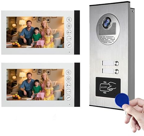 ANJIELO SMART Wired Video Apartment Intercom System,2/3/4/6/8/10/12 Family Units 7 inch Monitor Video Door Phone Kit,Indoor Outdoor Video Doorbell, ID Card Unlock, 2 Way Audio for Home (For 2 family)