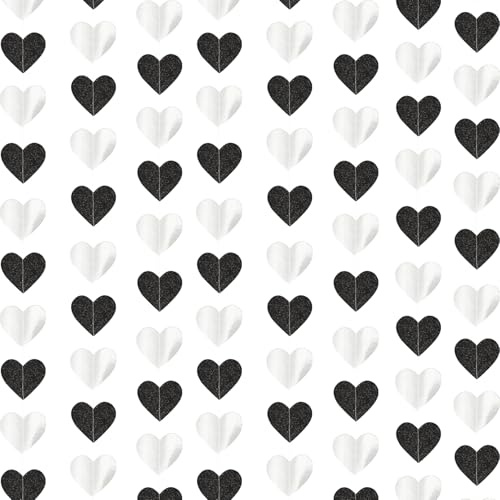 Ovanda Valentinstag Deko, Schwarz Weiß Herz Girlande Hochzeit Deko, 4m Silberhochzeit Deko Girlande, Glitter Valentinstag Girlandes, für Silberne Hochzeit Verlobung Jahrestag Valentinstag Geburtstage