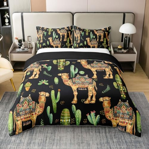 Castle Fairy Boho Camel Duvet Cover Queen Size 100% Cotton Desert Cactus Camels Bedding Set Boys Girls Tribal Ethnic Animal Soft Comforter Cover Yellow Black Kids Bedroom Decor,No Comforter