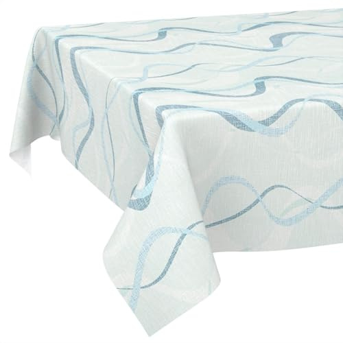Mantel de Hule Lavable, fácil de Limpiar, Impermeable, Efecto Loto, para Exterior, jardín, Ondas, Azul, 160 x 120 cm, Borde de Corte
