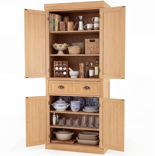 TANGZON Tall Kitchen Cupboard, 183cm 4-door Storage Cabinet with Drawer, Adjustable Shelves, Door Racks & Anti-tipping Device, Freestanding Wooden Sideboard Organiser (without Door Racks, Natural)