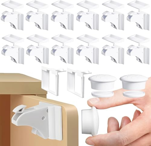 Oruiiju Cierre Magnético Seguridad Infantil, 12 Cierres+2 Llaves, Blanco | Montaje adhesivo sin taladrar,12 cierres & 2 llaves magnéticas,diseño invisible,seguridad muebles bebés