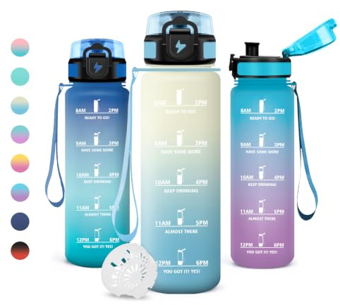 JAPORIA Wasserflasche 1L, Trinkflasche mit Filter, Sportflasche Kohlensäure Geeignet, Trinkflasche mit Zeitmarkierung, Auslaufsicher, für Reisen, Camping, Büro