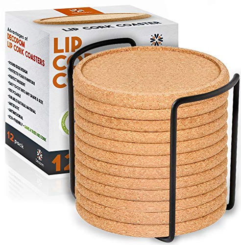Cork Coasters with Lip for Drinks Absorbent | 12 Set 4 Inch Thick Rustic Saucer with Metal Holder Heat & Water Resistant | Best Reusable Natural Round Coasters for Bar Glass Cup Table