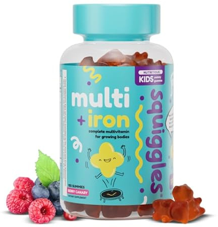 Squiggles Kids Multivitamin + Iron Gummies - Low Sugar Gummy Vitamins with Iron Supplements for Kids - Broad Spectrum of Vitamins and Minerals, Chewy, Yummy Berry Flavor (100 Count)
