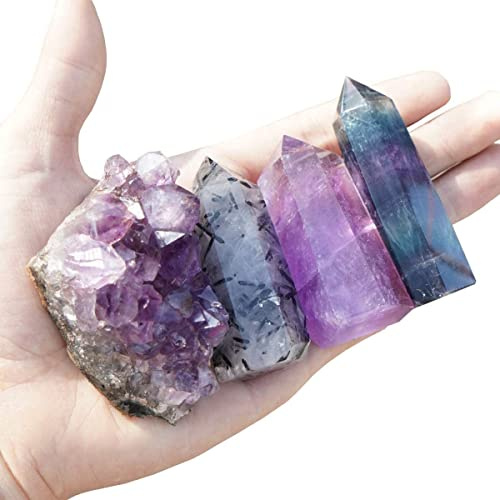 MIMOSA Healing Crystal Wands,Mini Size Natural Crystal Quartz Standing Point|1-2.5'' Amethyst Crystal,Rainbow Fluorite Crystal &Natural Black Tourmaline in Quartz Crystal Tower&Deep Amethyst Cluster
