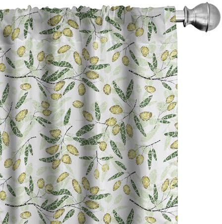 ABAKUHAUS Botanik Vorhänge, Gardinen, Olive Zweige mit Blättern, Fensterbehandlungen für Wohnzimmer Schlafzimmer Dekor, 2 Stück 75 cm b x 245 cm h, Farn-Grün Hellgrün
