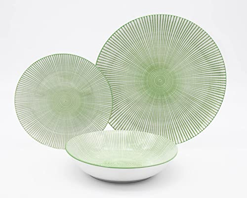 Godinger Laura Green Porcelain 12‑Piece Dinnerware Set, Service for 4 – Green & White Starburst Design, Includes 4 Dinner Plates, 4 Salad Plates & 4 Bowls, Microwave Safe Tableware for Gift Use