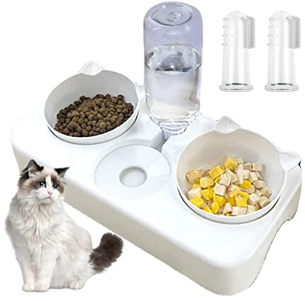 3-en-1 Gamelle pour Chat avec Distributeur d’Eau Automatique, Double Bols de Nourriture et d’Eau pour Chats, Chatons et Petits Chiens (Blanc)