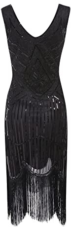MIMIKRY 20er Jahre Charleston Pailletten Kleid Schwarz mit Fransen Flapper Damen-Kostüm, Größe:L