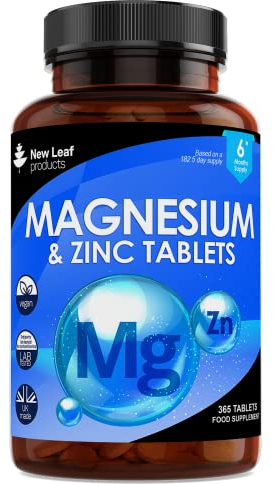 Magnesium Supplements with Zinc 365 Tablets – Bones, Muscle Immune Support Easy to Swallow Sleep Supplement Vegan, GMO-Free, Gluten-Free, UK Made by New Leaf