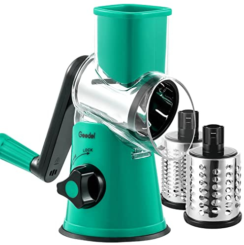 Geedel Rotary Cheese Grater, Kitchen Mandoline Vegetable Slicer with 3 Interchangeable Blades, Easy to Clean Rotary Grater Slicer for Fruit, Vegetables
