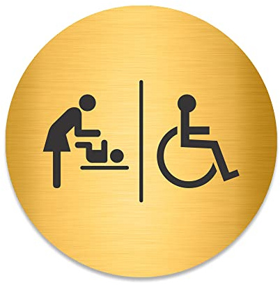 Blacked LaserTEC Leitsysteme - Acryl Schild - Rund 10 cm Durchmesser - Selbstklebend - Gold gebürstet - Metall-Optik - UV beständig - Für Innen und Außen (WC Rollstuhl-Wickelraum-Kombination)
