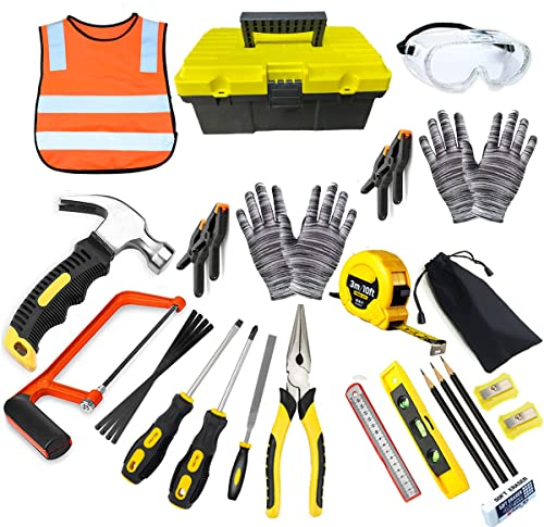 QeeHeng Kids Real Tools Set, Woodworking Tool Set, 30 PCS Builder Children Real Hand Tools Kit Construction Learning, Home DIY Play for Boys & Girls Beginner Learning Gift, Come with Tool box