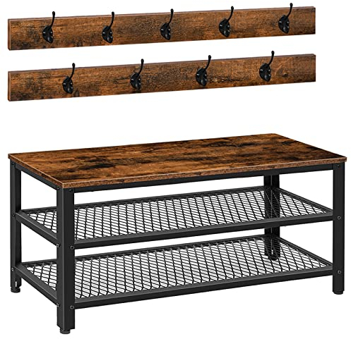 HOOBRO Garderobe Schuhregal Set, 100cm Garderobenständer mit Sitzbank, Schuhbank mit Sitzfläche, 9 Haken, Industriestil, Metallrahmen, für Flur, Eingangsbereich, Dunkelbraun-Schwarz EBF171MT01