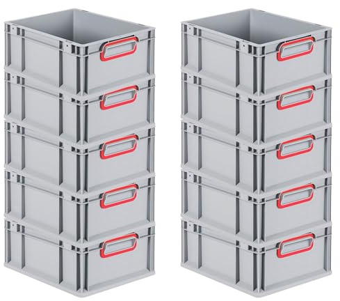 PROREGAL SuperSparSet 10x Eurobox NextGen Color | HxBxT 17x30x40cm | 16 Liter | Griffe rot geschlossen | Glatter Boden | Eurobehälter, Transportbox, Transportbehälter, Stapelbehälter