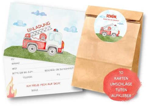 Paperlane by Essi 10er-Set Feuerwehr Einladungskarten und Mitgebseltüten - Feuerwehr Kindergeburtstag Set mit Goodie Bag