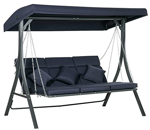 Outsunny Hollywoodschaukel 3-Sitzer, Schaukelbank mit Verstellbarem Sonnendach, Gartenschaukel mit Kissen, bis 270 kg Belastbar, Metall, Texteline, Dunkelblau, 198 x 118 x 168 cm