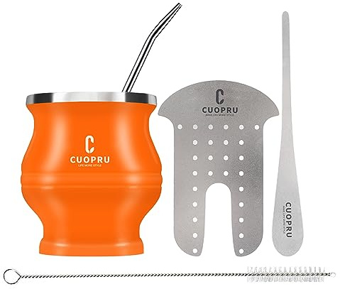 Yerba Mate Cup - Juego de calabaza mate incluye taza de té de acero inoxidable de doble pared, juego de moldeador de té, pajitas de bombilla, cepillo de limpieza