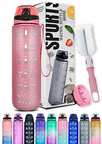 Roe Tenpo Water Bottle 1L, Sports Water Bottle with Time Markings, BPA-Free, Leak-Proof Drinks Bottle, Perfect for Running, Cycling, Gym, Yoga, Camping and Outdoor Activities, Pink