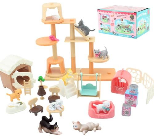 Lotvic Cat Pretend Play Toys, Cat Figures Playset, Cat House Furniture Toy, Real Pet Care Center, Cat Care Role Play Toys, Cat Toy for Doll Accessories, Educational Cat Toys for Kids (Cat)