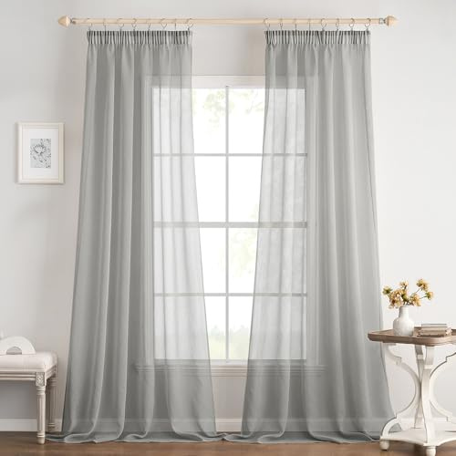 EMEMA Gardinen Vorhänge mit Kräuselband 2er Set 215cm Lang Grau Vorhang | Vorhänge mit Kräuselband Transparente Gardine für Schienensystem Wohnzimmer Luftig Dekoschal Schlafzimmer 140 X 215cm