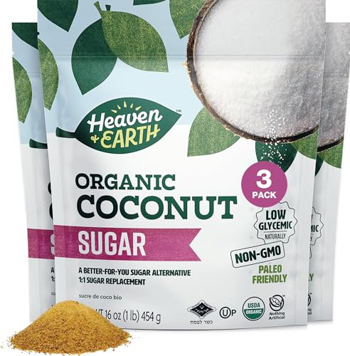 Heaven & Earth Organic Coconut Sugar, 16oz (3 Pack) | Low Glycemic | Unrefined Sugar Alternative | Natural Sweetener | Coconut Palm Sugar