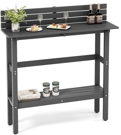 COSTWAY Outdoor Bartisch, Stehtisch mit Ablage und verstellbaren Fußpads, wetterfester Tresentisch aus HDPE, Bartheke für Balkon, Garten, Hinterhof, Grau, 122 x 39 x 136 cm