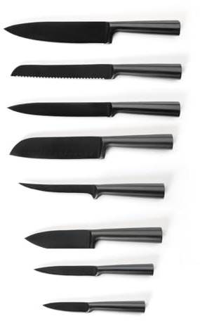 Qdesign - Lot de 8 Couteaux Acier Inoxydable - Couteaux de Chef, à Pain, Trancheur, Désosser, Santoku, à Légumes, d'Office, Petit Couteau de Cuisine - Noir Mat