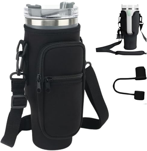 Stanley Cup Bag, Cup Accessories Holder with Adjustable Strap & Phone Pocket for Bottles, 40oz Tumbler for Walking and Hiking (Black Bag + Straw Stopper)