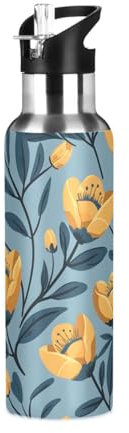 Botella de agua con diseño de tulipán de flores amarillas, con tapa con pajilla, botella térmica de acero inoxidable para niños y niñas, gimnasio, deportes, a prueba de fugas, 600 ml
