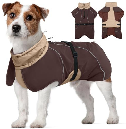 Kuoser Dog Jacket - Waterproof Winter Coat with Harness Hole, Reflective, Adjustable Chest Strap, Brown M