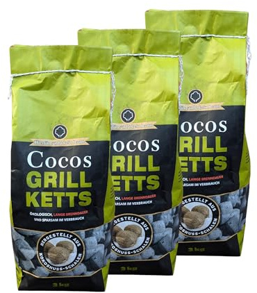 Kokosnuss Cocos Grillbriketts Premium Qualität aus Kokos-Kohle | 9kg | extra Lange Brenndauer | Made in Germany | Raucharm + GRATIS HL Kauf Block
