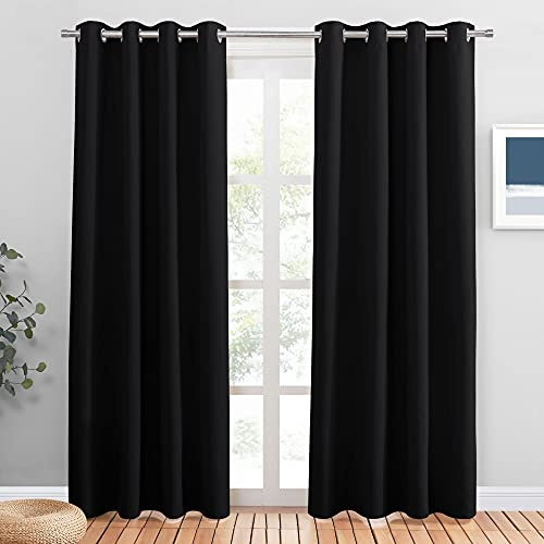 PONY DANCE Abdunkelnde Vorhänge mit Ösen Wohnzimmer Gardinen Blickdicht | 2er Set, H225 x B132 cm, Schwarz, Verdunklungsvorhänge, für Schlafzimmer, Hitzeschutz, Blackout, Sichtschutz, UV-Schutz