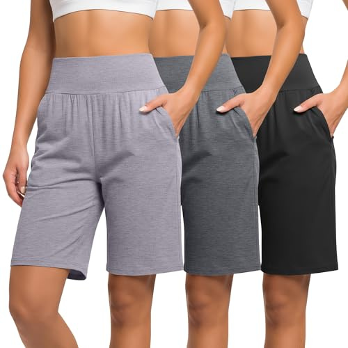 Neer 3 Pack Women's Bermuda Shorts | High Waist Knee Length Shorts, Basic, Stretch, Wide Leg, Casual, Athletic, with Pockets, Loose, Knit, Summer