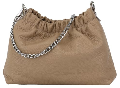 SH Leder Echtleder Umhängetasche Clutch kleine Tasche Abendtasche Alltagstasche mit Silberne Kette 23x14cm Elke G355 (Helltaupe)