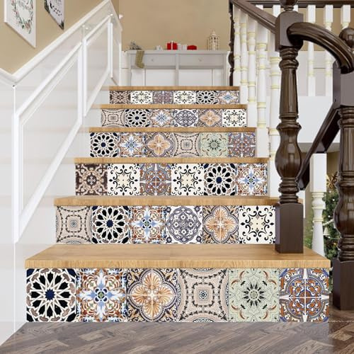 CHDITB 6 Stück Marokkanische Fliesen Aufkleber,Vintage Treppe Tapete,Mandala Marokkanische Wandsticker,18x100cm Selbstklebende Treppe Aufkleber,Treppe Wanddeko,Treppensticker für Badezimmer Wohnzimmer