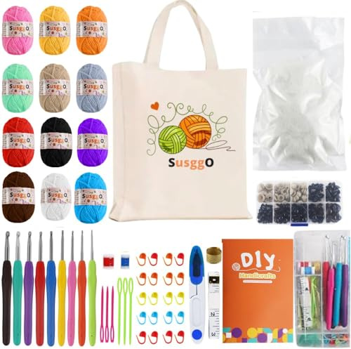 SusggO 155 Pezzi Set Uncinetto completo con occhi Amigurumi Imbottitura - Kit Uncinetto Principianti - 12 Gomitoli Cotone di Latte - Aghi all'uncinetto - Accessori Manuale e Borsa - Uncinetto Set DIY