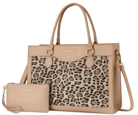 MOSISO Sac Tote Ordinateur 15,6 Pouces Cuir PU Grain Léopard Pour Femmes | Capacité Généreuse Sac à Main Clutch, Sac Ordinateur Waterproof Briefcase Bureau D'affaires,Abricot