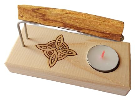 YA-DECOREGALOS Set Quemador de Palo Santo, inciensos Nudo DE Bruja, Fabricado a Mano con Base de Madera Varillas metalicas, Incluye Palo Santo y Vela de te, Simbolo de Protección contra Todo Mal