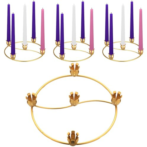 Sliner 4 Pcs Christmas Flower Advent Wreath Ring 5 Candle Holder Taper Gold Advent Ring Metal Candle Holder Table Decoration for Xmas Festival Home Centerpiece Decor