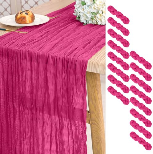 Pesonlook Lot de 16 Chemins de Table en étamine Rose Vif Long,55 x 300 cm | 3 m de Long, Style Rustique Bohème chemins de table semi-transparents pour Mariage, Fête Prénuptiale, Fête, Banquet