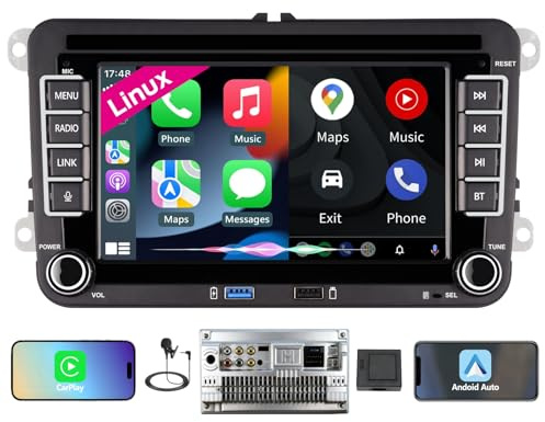 [Snabbstart] Linux bilradio för VW Golf 5/Golf 6/polo/passat, VW radio med trådlös CarPlay & Android auto,7-tums VW-skärm kompatibel med originalrattstyrning, AM/FM/RDS, Bluetooth, DSP, mikro, 45 W x